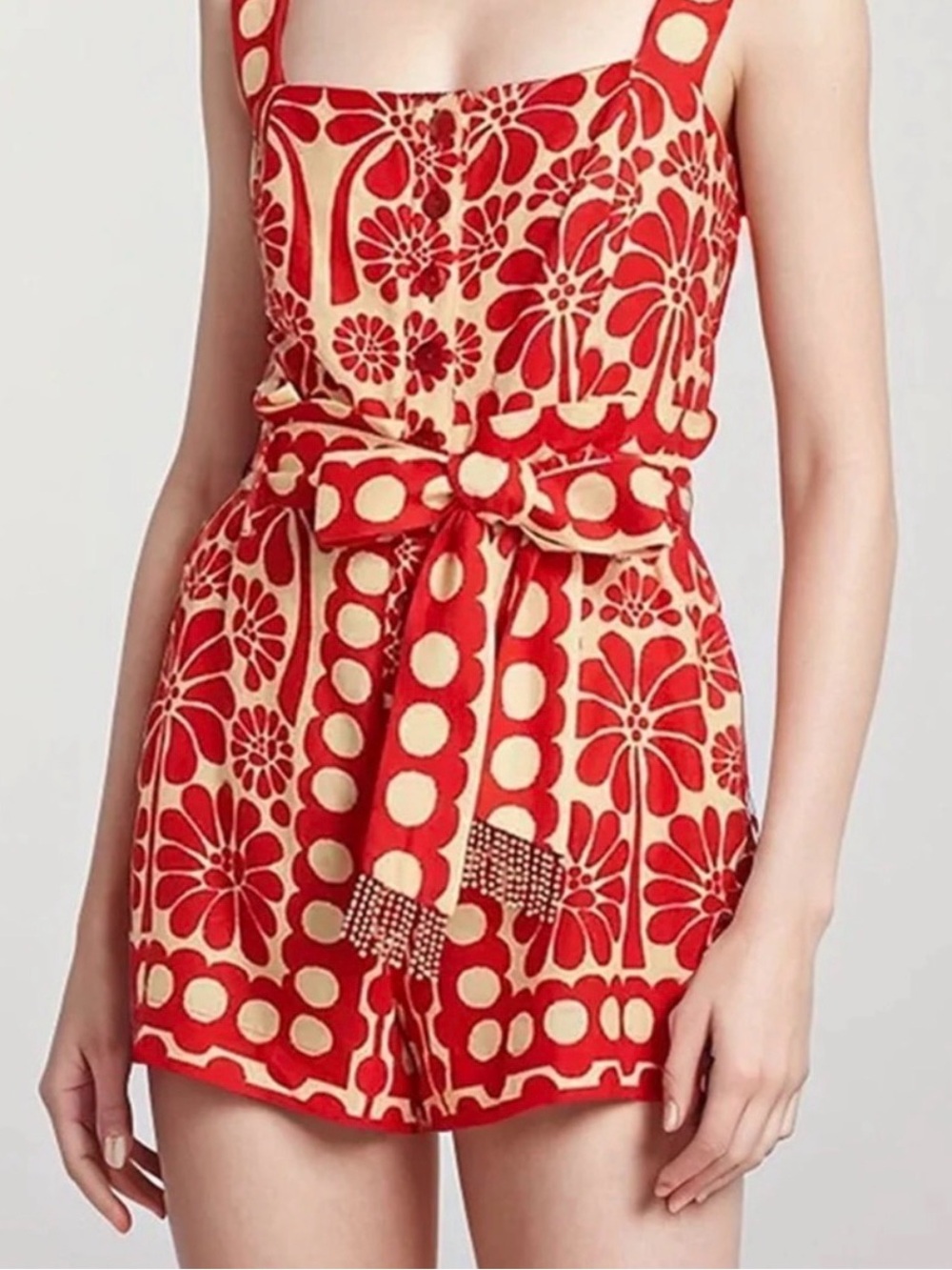Farm Rio Red and Cream Floral Print Romper with Waist Tie XS EUC